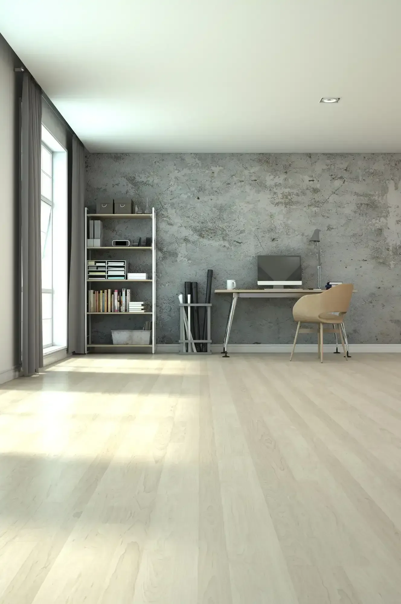 A room with a desk , chair , bookshelf and window.