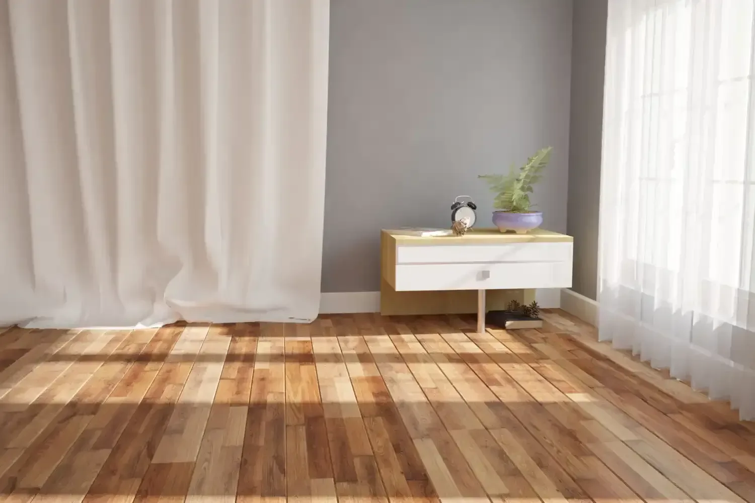A room with a wooden floor , a nightstand , and a window.